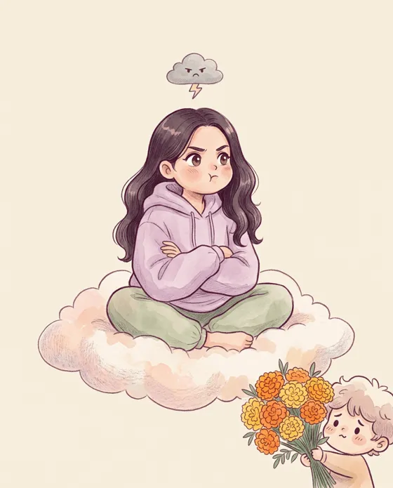 Illustration of Prishaa sitting on a cloud with arms crossed, pouting, while a tiny nervous friend offers marigolds