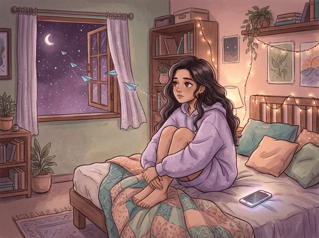 Prishaa sitting on her bed at night hugging her knees, paper planes drifting out of the window